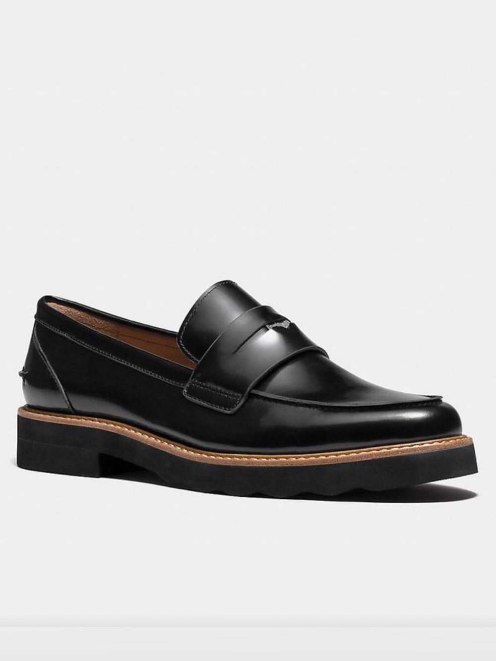 Coach UNIMOC Shoes Womens Size 6.5 B Black Leather Penny Loafer Flats Lug Sole